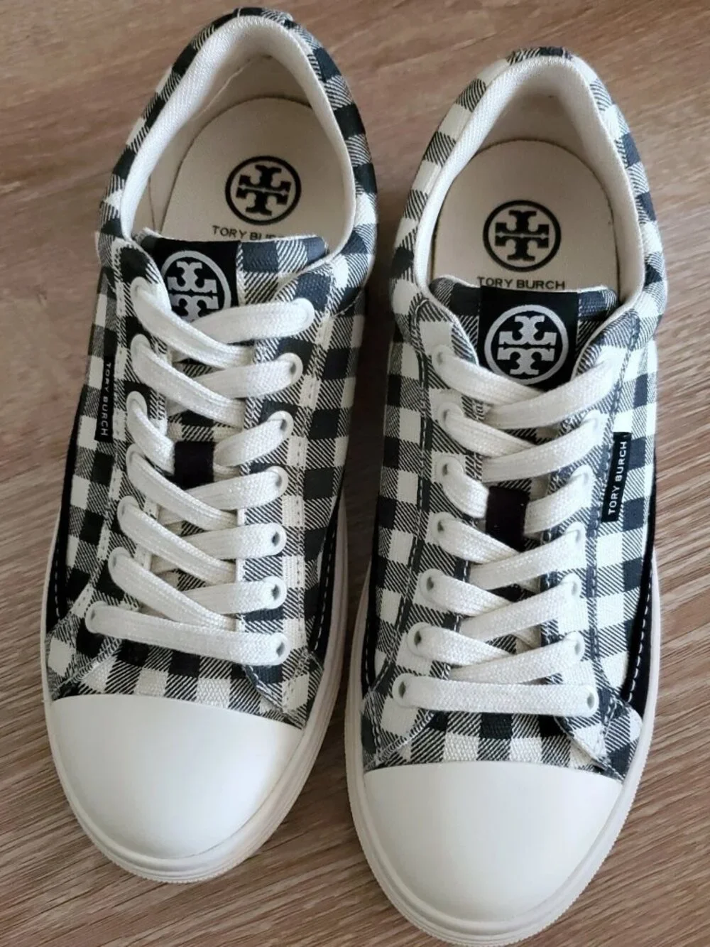 Tory Burch Classic Court Lace Up Black Gingham Canvas Sneaker Size 6